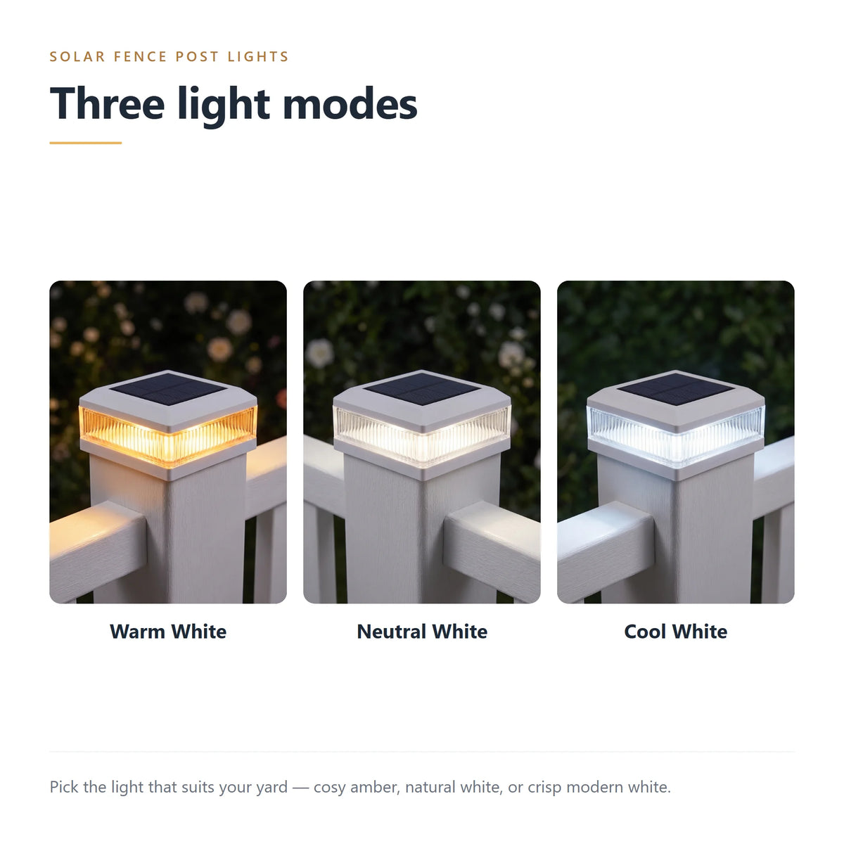 Solar post cap light shown in warm white, neutral white and cool white modes
