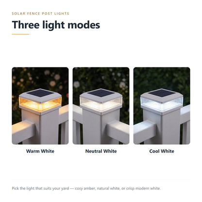 Solar post cap light shown in warm white, neutral white and cool white modes