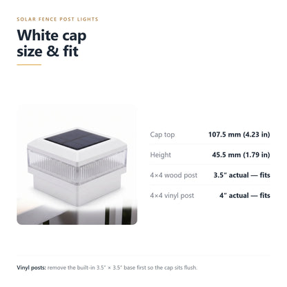 White solar post cap light size guide: 107.5mm cap top, 45.5mm tall, fits 4x4 wood and vinyl posts