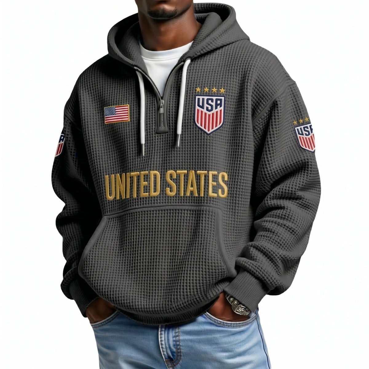 United States Printed Waffle Quarter Zip Football Fan Hoodie