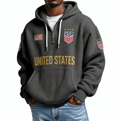 United States Printed Waffle Quarter Zip Football Fan Hoodie