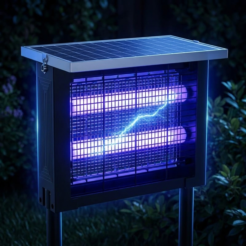 Close view of the zapper's UV tubes and protective mesh grid at night