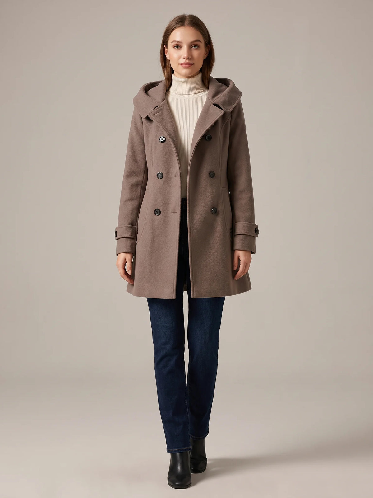 Coffee hooded wool pea coat shown from the front on a model, buttoned, hood down