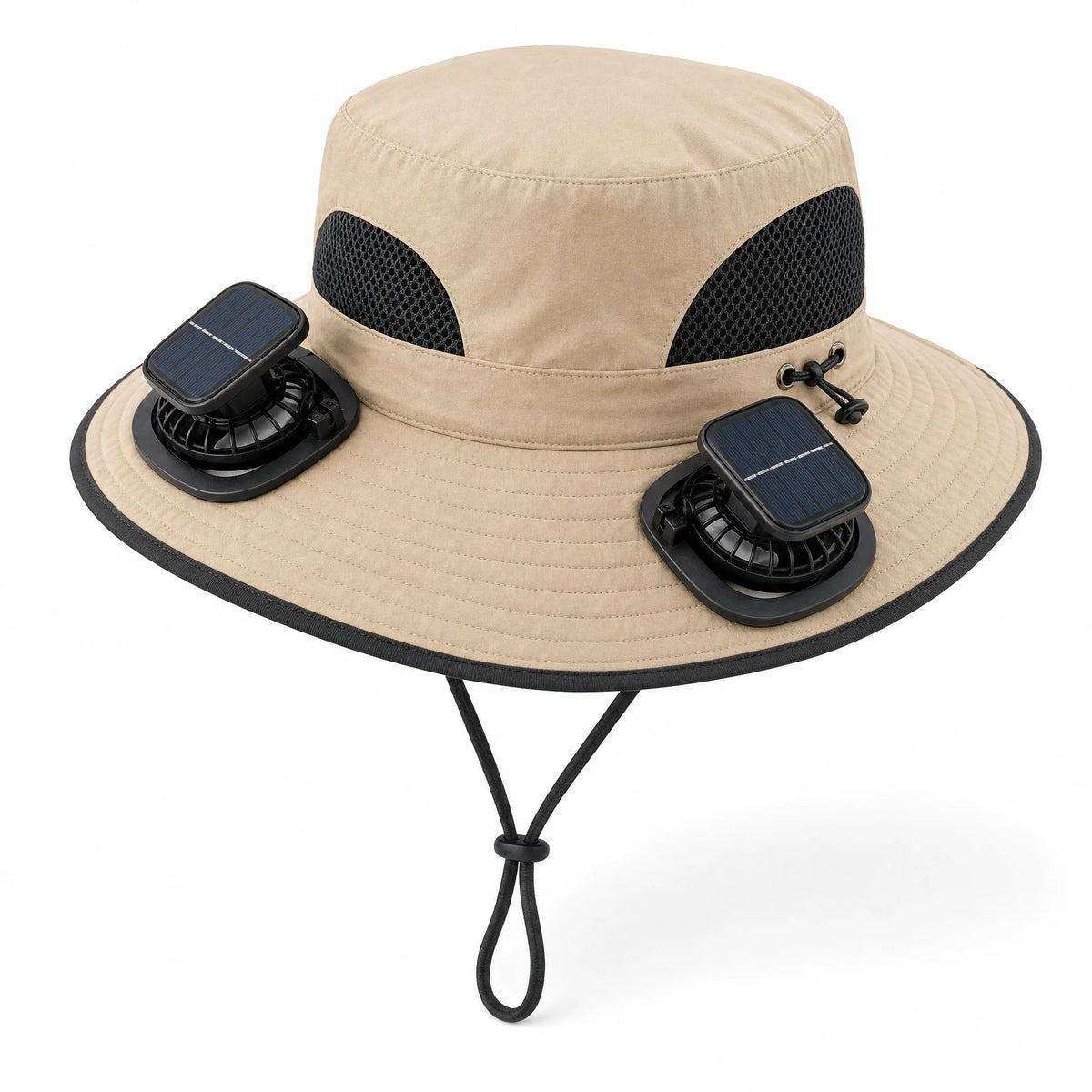Solar Cooling Hat in beige with two solar fan units on the brim, white background