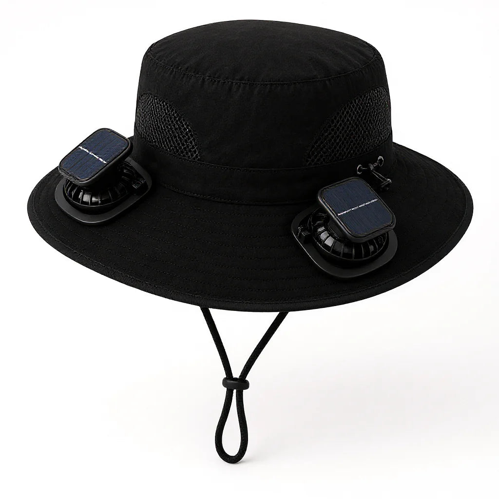 Solar Cooling Hat in black with two solar fan units on the brim, white background