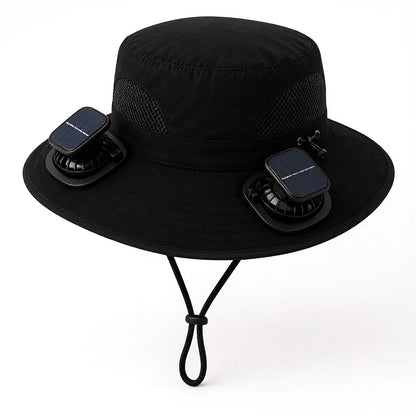 Solar Cooling Hat in black with two solar fan units on the brim, white background