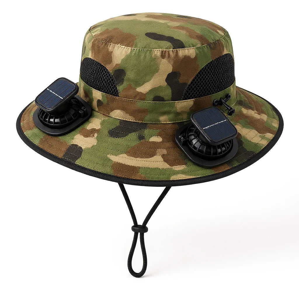 Solar Cooling Hat in green and brown woodland camouflage with two solar fan units on the brim, white background