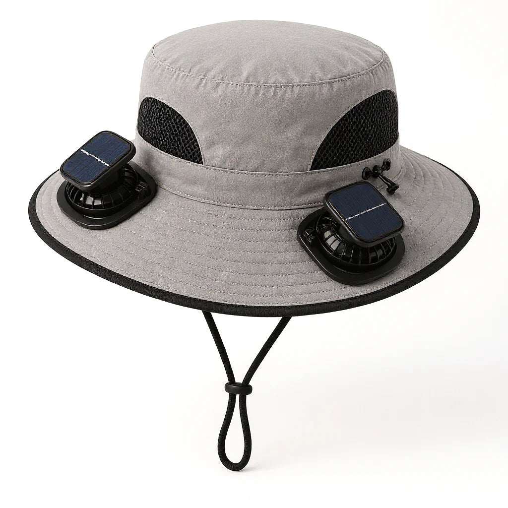 Solar Cooling Hat in grey with two solar fan units on the brim, white background
