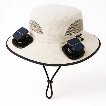 Solar Cooling Hat in off-white with two solar fan units on the brim, white background
