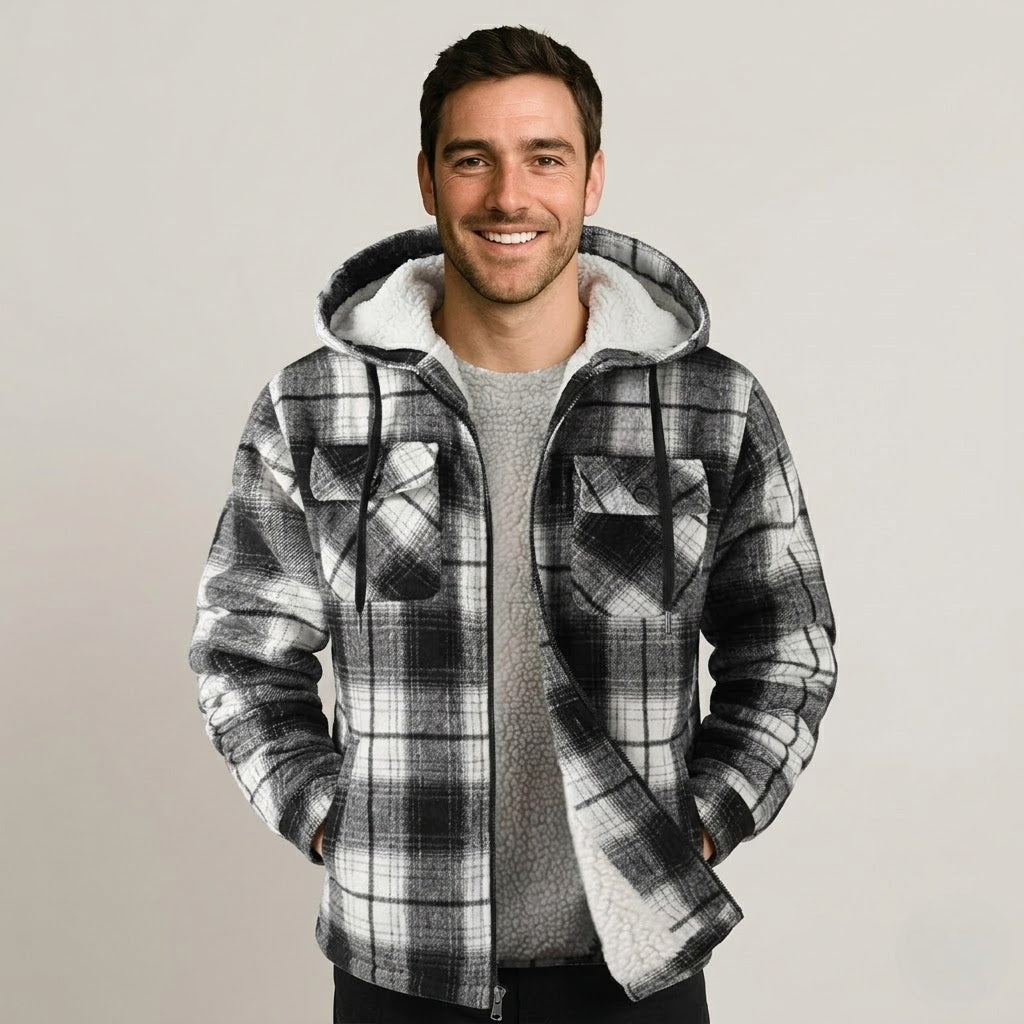 Sherpa Lined Plaid Flannel Zip Hoodie Jacket