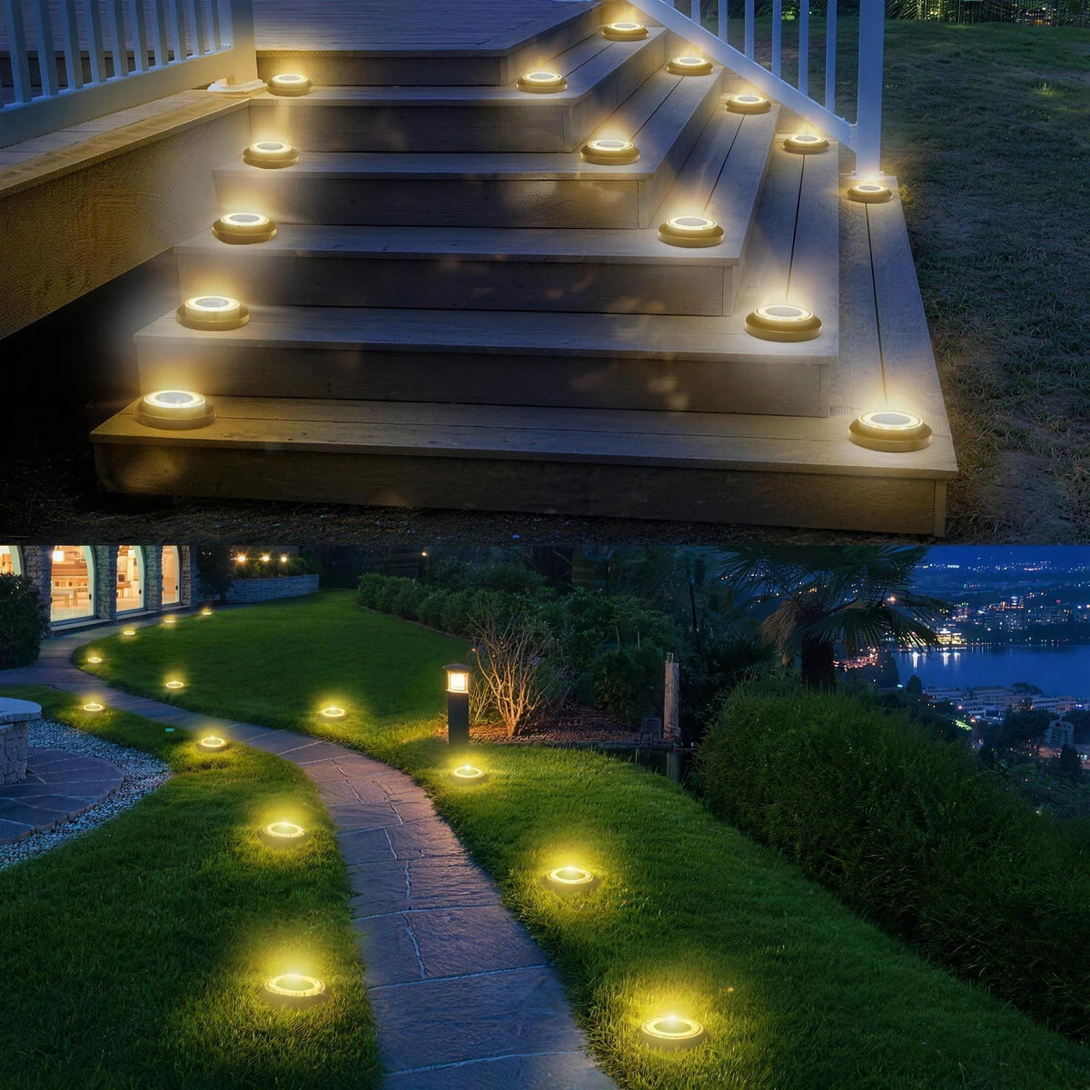 Solar ground lights screwed flat onto timber deck steps and spiked along a garden path