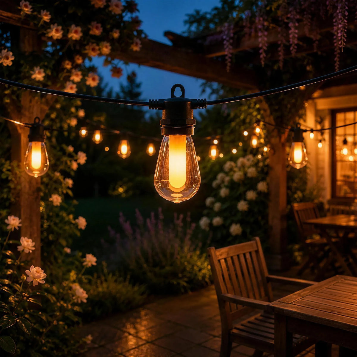 Solar Edison string lights lit across a patio at dusk