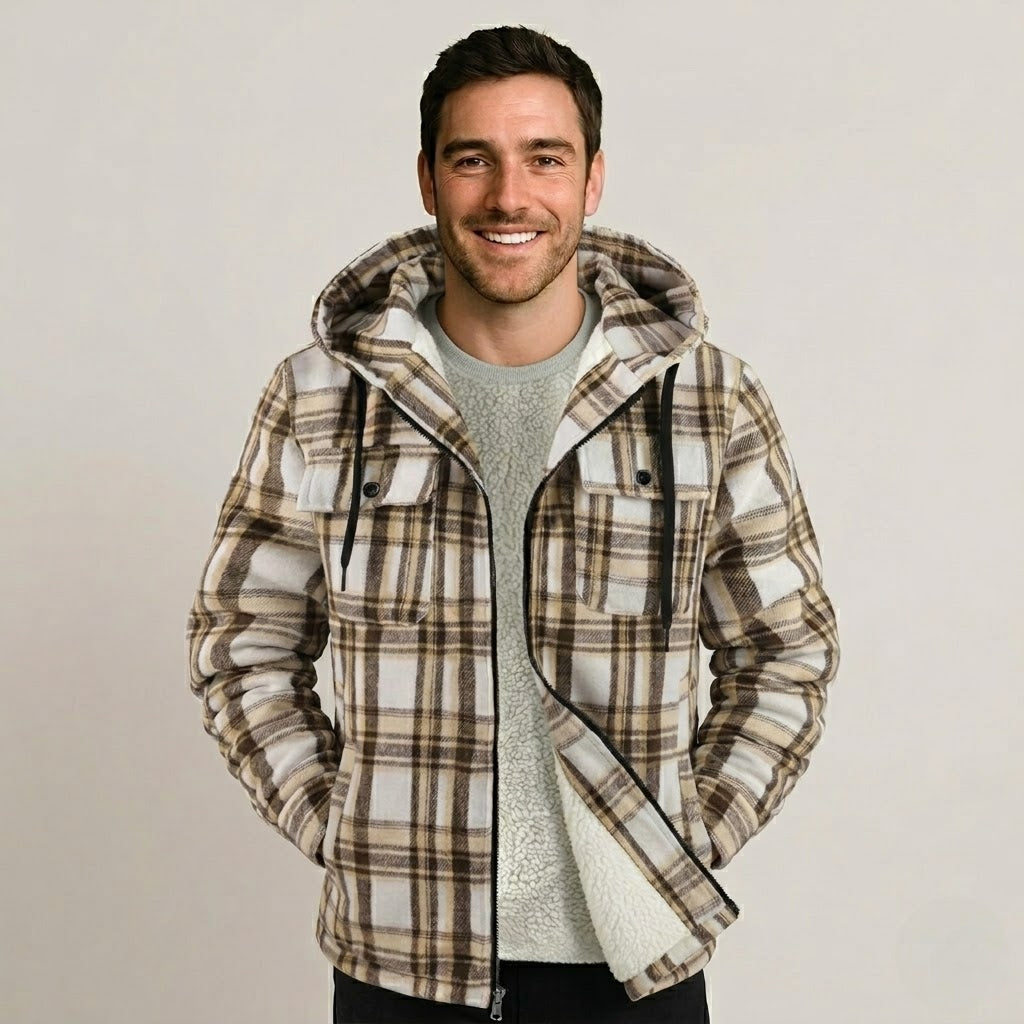 Sherpa Lined Plaid Flannel Zip Hoodie Jacket