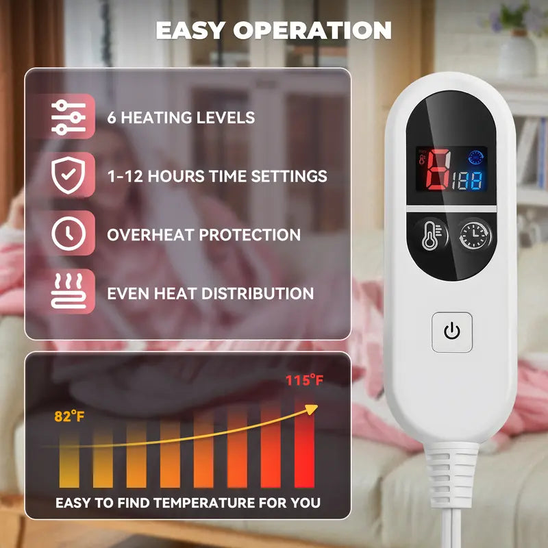 Handheld controller with 6 heat levels and 1-12 hour timer