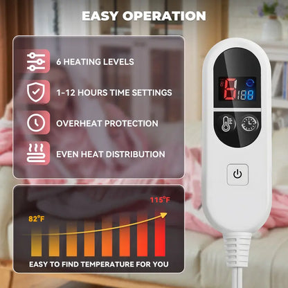 Handheld controller with 6 heat levels and 1-12 hour timer