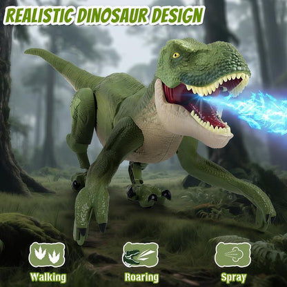 Green remote-control dinosaur toy standing in a forest setting with its mouth open