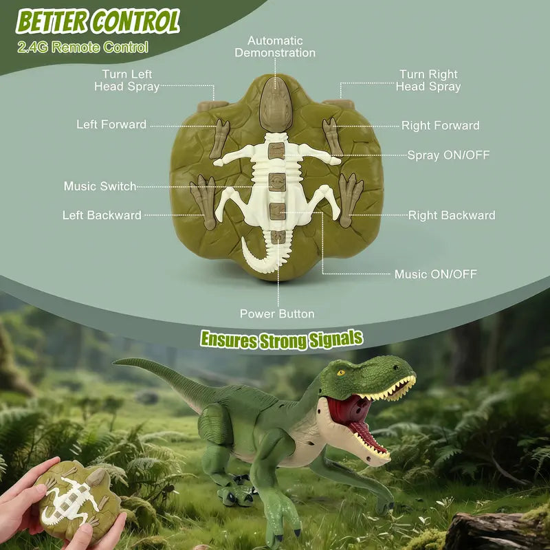 Fossil-shaped handheld remote controller with its buttons labelled, shown above the green dinosaur toy