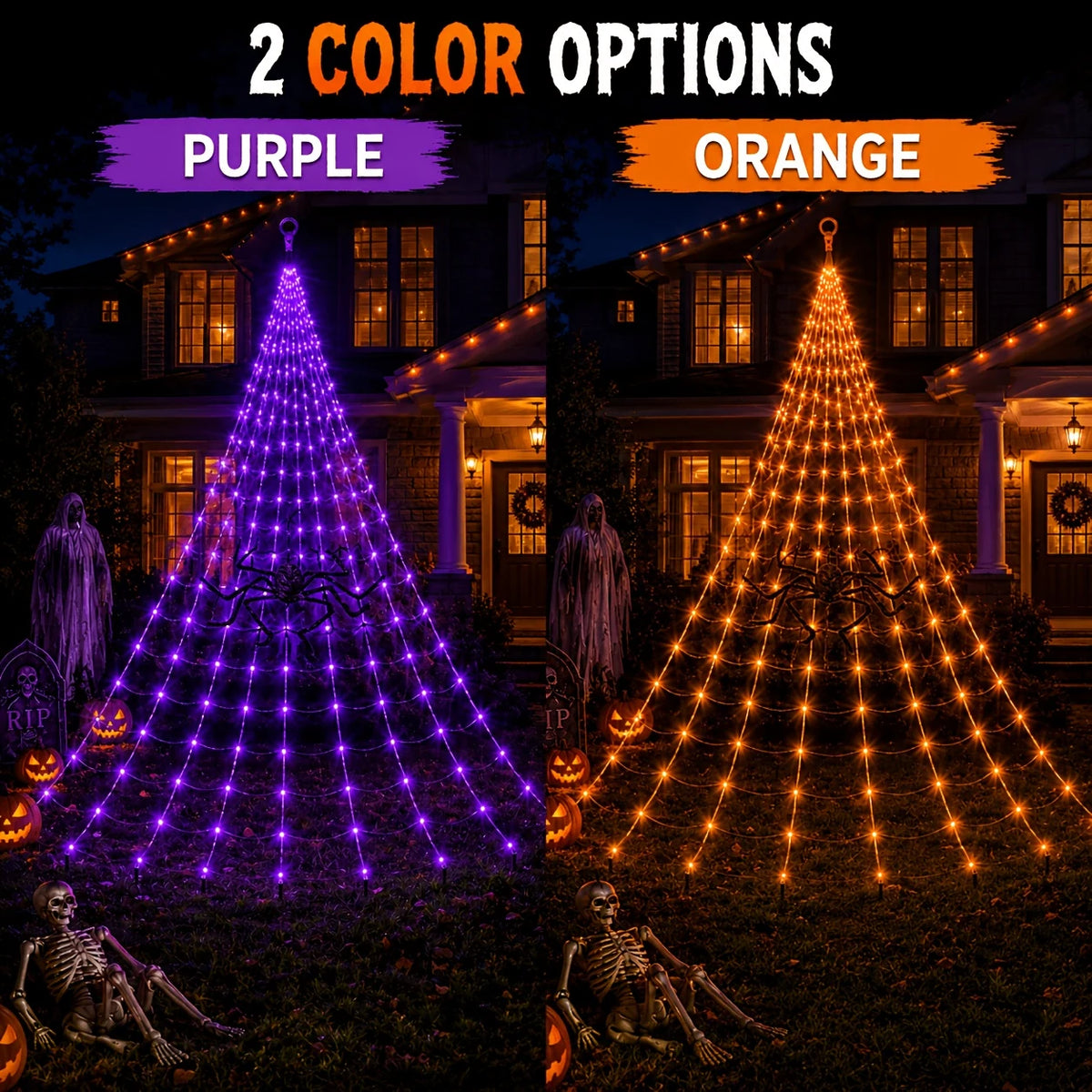The two colour options for the solar spider web light shown side by side, purple and orange