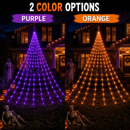 The two colour options for the solar spider web light shown side by side, purple and orange