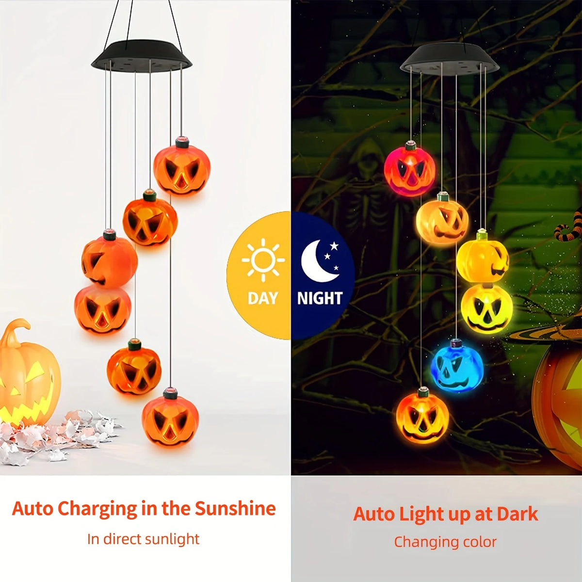 Day and night comparison: the chime charges in sunlight and lights itself in changing colours after dark