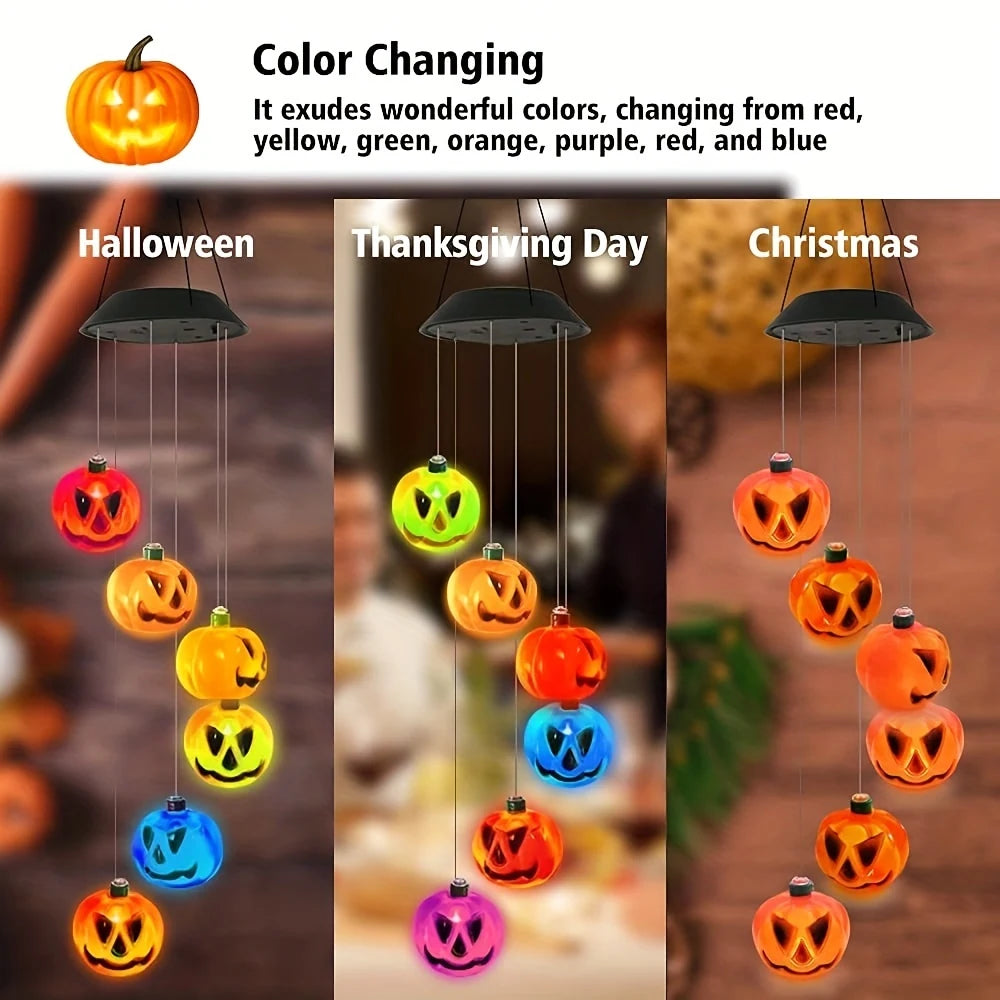 The colour-changing pumpkin chime shown decorating a porch at Halloween, Thanksgiving and Christmas
