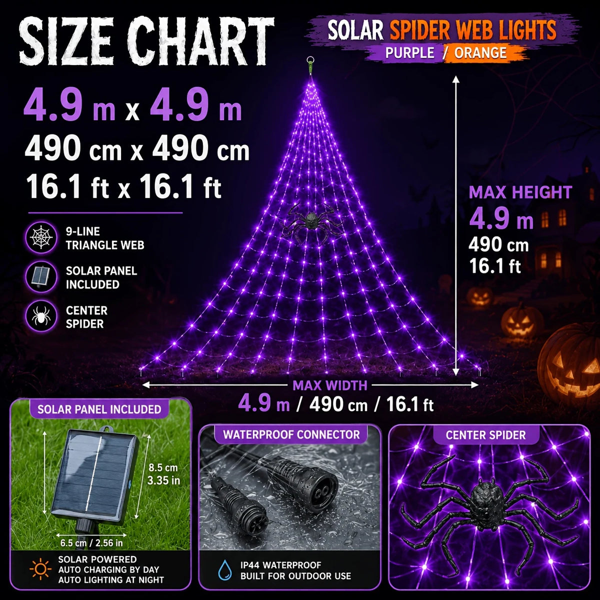 Size chart: 4.9m by 4.9m, 16.1ft by 16.1ft, nine-line triangle web, solar panel 6.5cm by 8.5cm, waterproof connector, centre spider