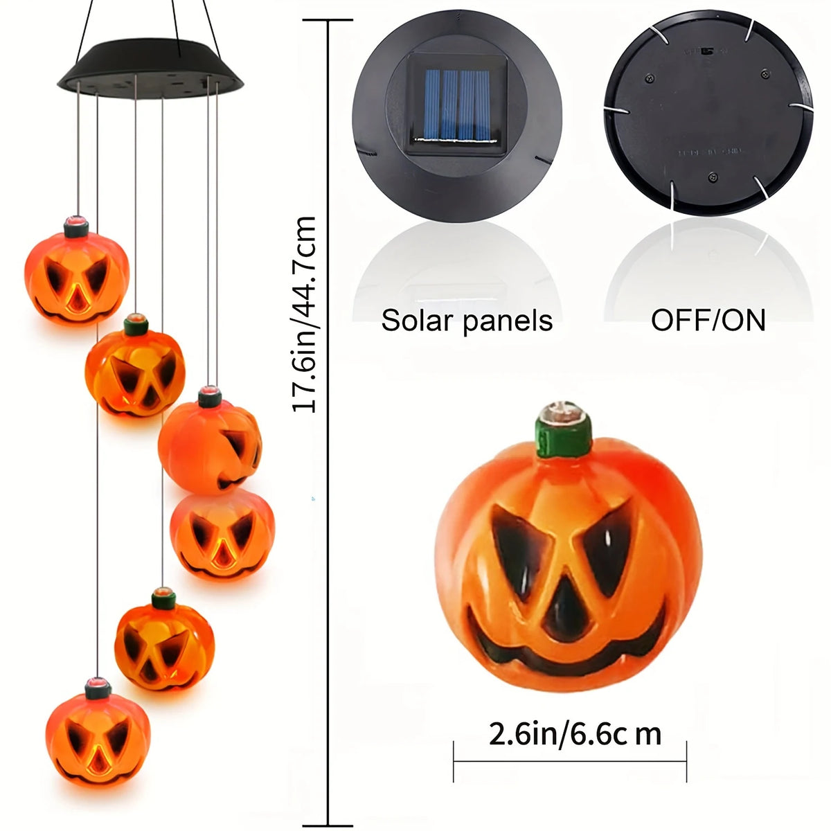 Dimensions diagram: 17.6 in / 44.7 cm total drop, each pumpkin 2.6 in / 6.6 cm, with the solar panel and on/off switch on the cap
