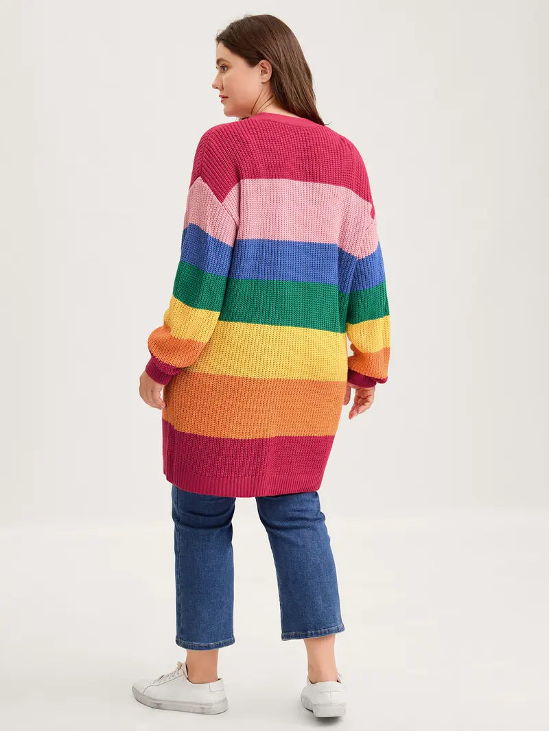 BloomChic Women's Bold Colorblock Oversized V-Neck Acrylic Cardigan - Casual Drop-Shoulder Full-Sleeve Button-Front Garment, Plussize, Multicolor, Quick On-Off Drape Knitwear Fabric, Low Iron Casual Fashion Jumper，SohoChic
