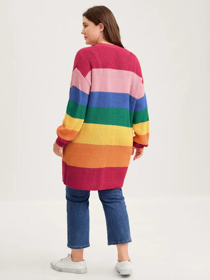 BloomChic Women's Bold Colorblock Oversized V-Neck Acrylic Cardigan - Casual Drop-Shoulder Full-Sleeve Button-Front Garment, Plussize, Multicolor, Quick On-Off Drape Knitwear Fabric, Low Iron Casual Fashion Jumper，SohoChic