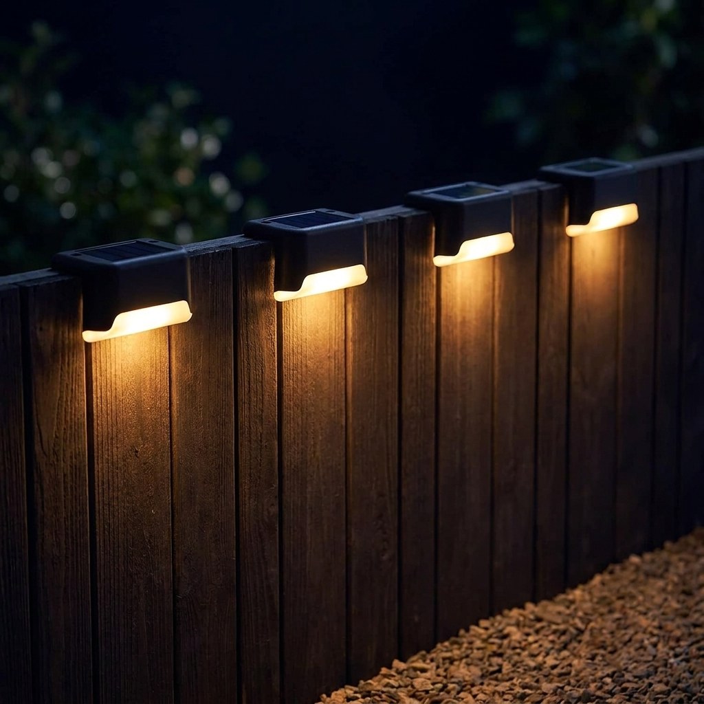 Row of solar deck lights washing light down a dark fence line at night