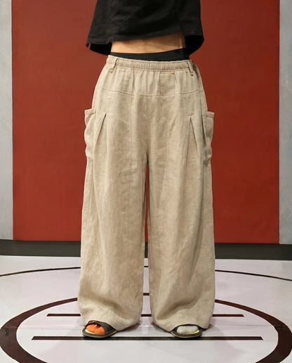 Flax pleated wide pants in beige linen