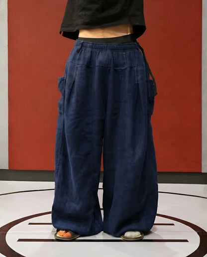 Flax pleated wide pants in navy linen