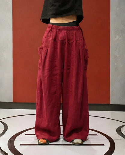 Flax pleated wide pants in red linen