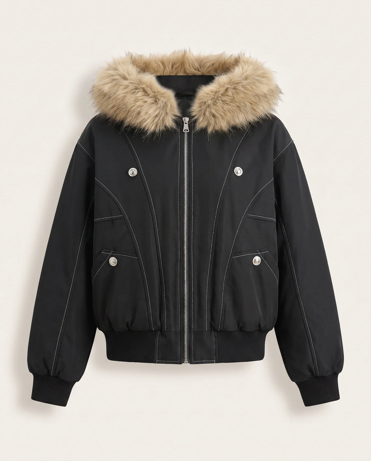 The black faux shearling lined bomber jacket, front view, hood fur trim attached