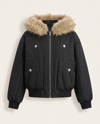 The black faux shearling lined bomber jacket, front view, hood fur trim attached