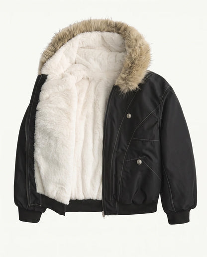 The black bomber jacket open, showing the ivory faux shearling lining through the body and hood