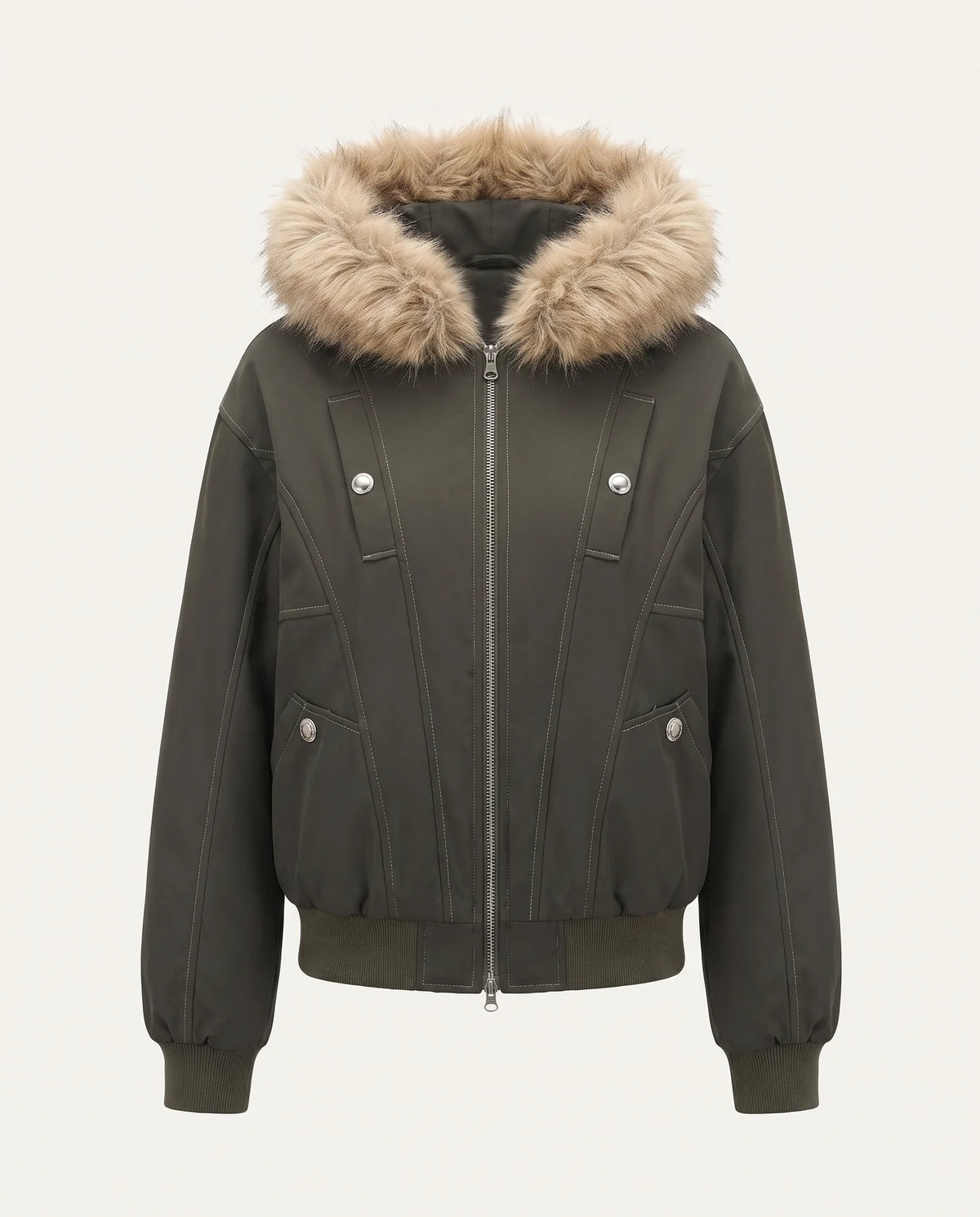 The army green faux shearling lined bomber jacket, front view, hood fur trim attached
