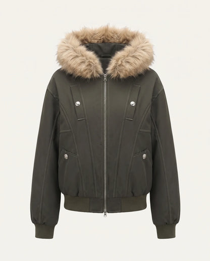 The army green faux shearling lined bomber jacket, front view, hood fur trim attached