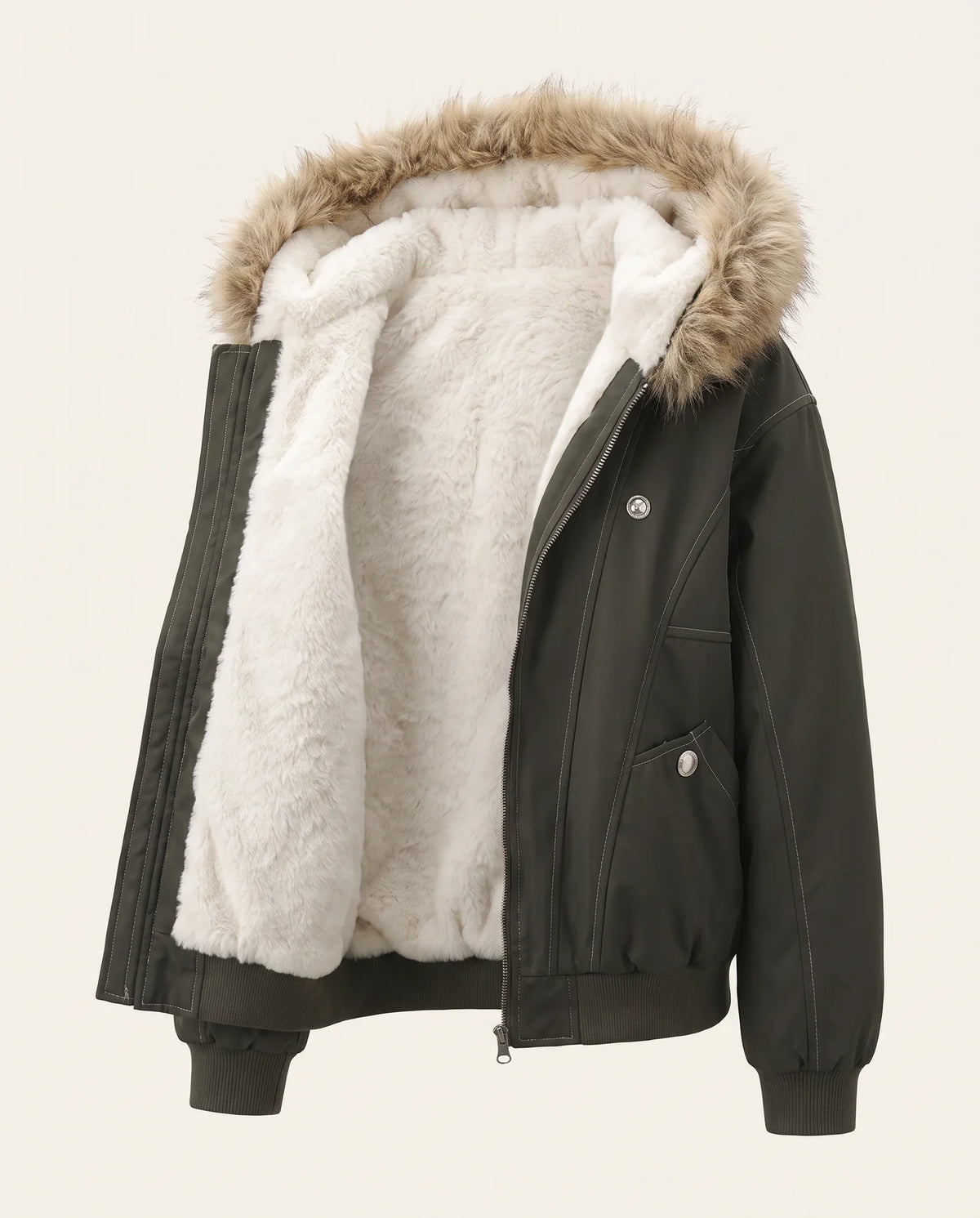 The army green bomber jacket open, showing the ivory faux shearling lining through the body and hood