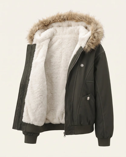 The army green bomber jacket open, showing the ivory faux shearling lining through the body and hood