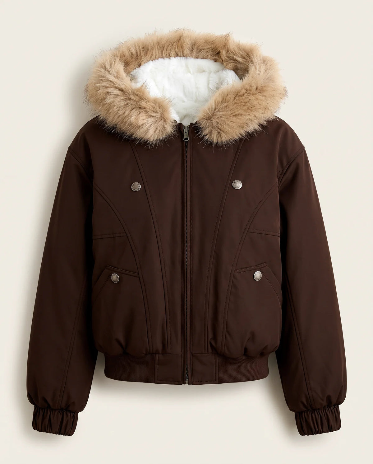 The mocha brown faux shearling lined bomber jacket, front view, hood fur trim attached
