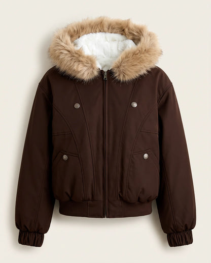 The mocha brown faux shearling lined bomber jacket, front view, hood fur trim attached