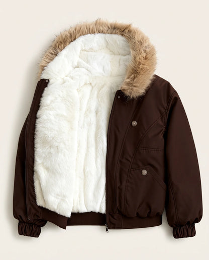 The mocha brown bomber jacket open, showing the ivory faux shearling lining through the body and hood
