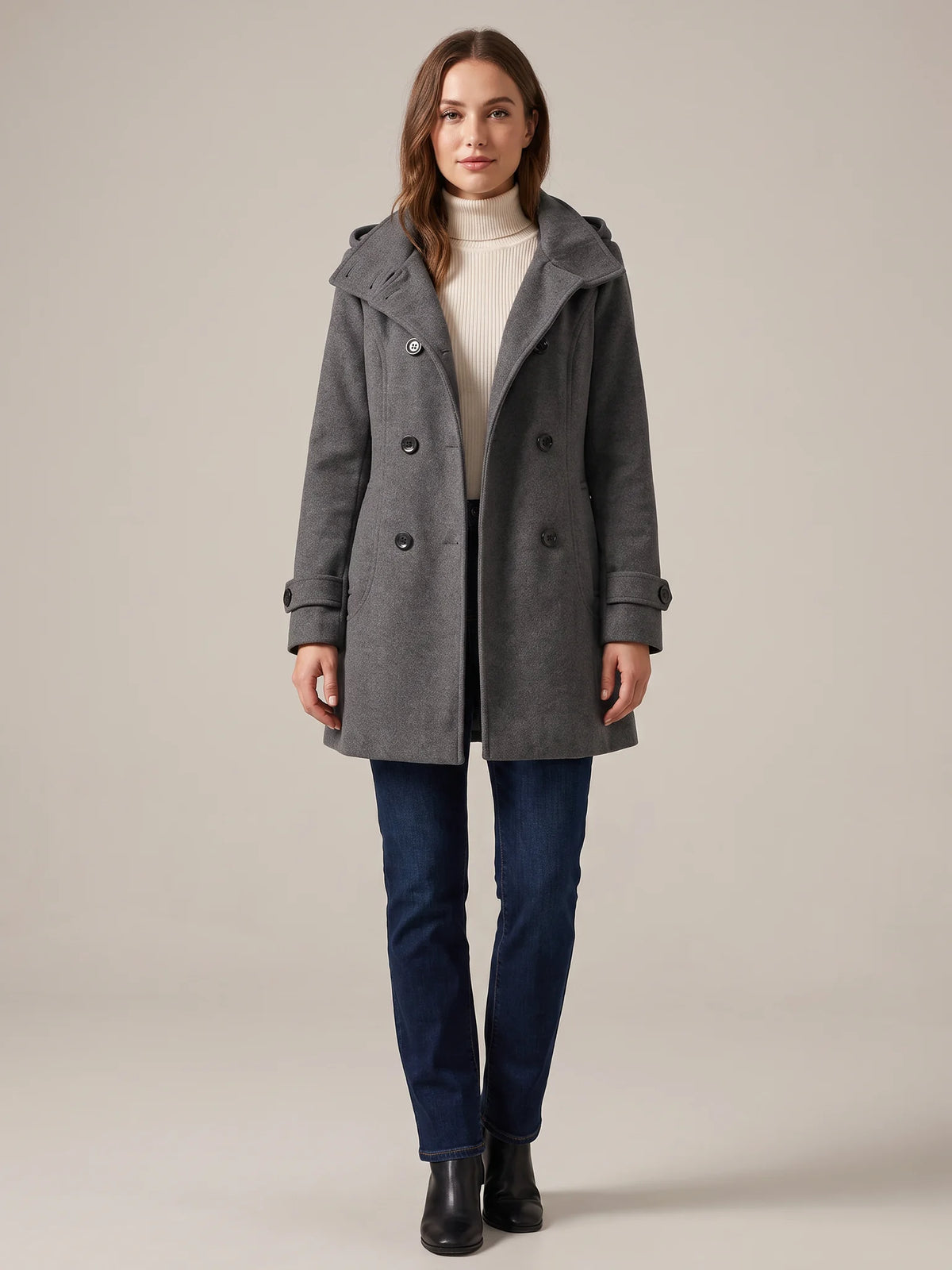 Charcoal hooded wool pea coat shown from the front on a model, buttoned, hood down
