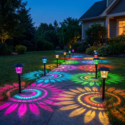 A row of solar path lights lining a garden path at dusk, each casting a coloured sunflower pattern onto the paving and lawn