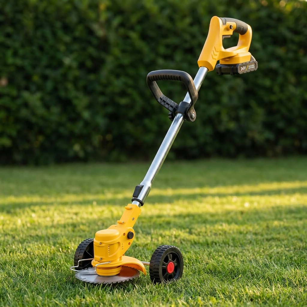 Cordless weed wacker standing on a mown lawn, telescopic shaft with adjustable handle, wheeled trimmer head with a metal saw blade fitted
