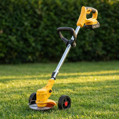 Cordless weed wacker standing on a mown lawn, telescopic shaft with adjustable handle, wheeled trimmer head with a metal saw blade fitted