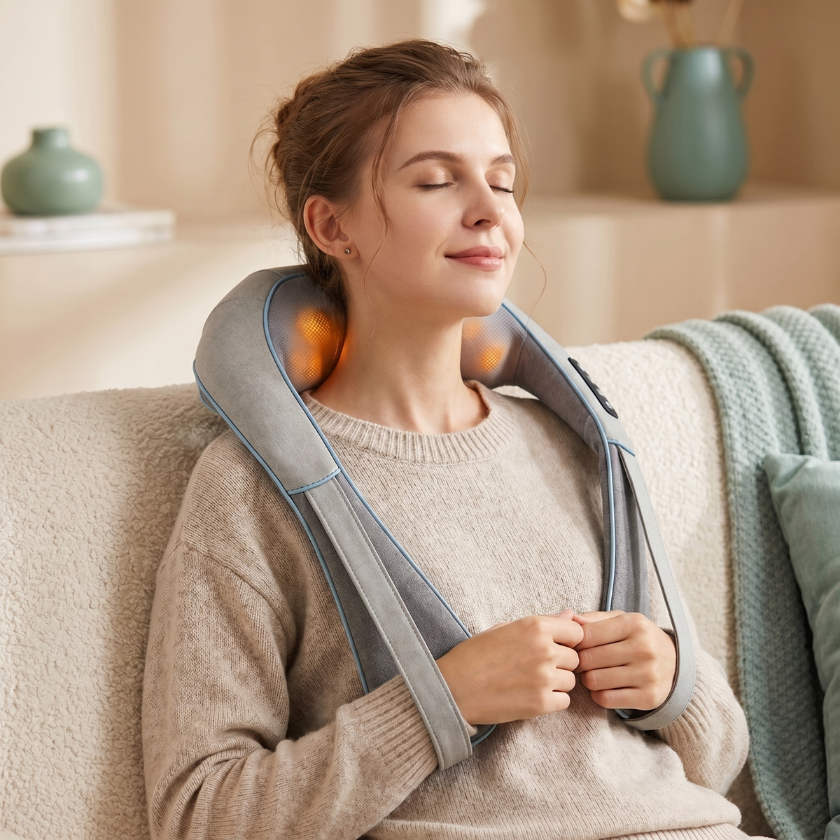 Person relaxing on a sofa wearing the grey shiatsu neck and shoulder massager