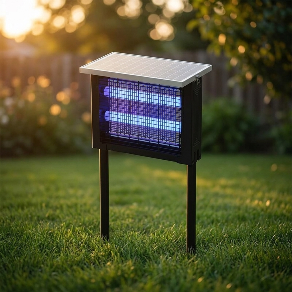 Solar bug zapper on twin ground stakes in a lawn at dusk, UV tubes lit