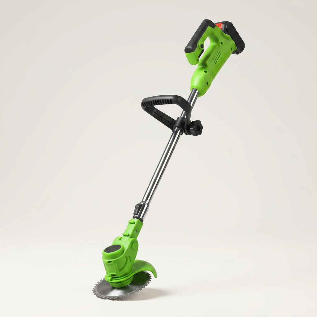 Green cordless grass trimmer on a plain background, telescopic shaft with an adjustable loop handle and a circular saw blade fitted to the head